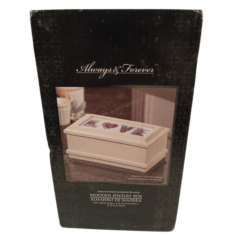Always & Forever White Wooden Jewelry Box Photo Frame Lid LOVE HOPE Matte Finish